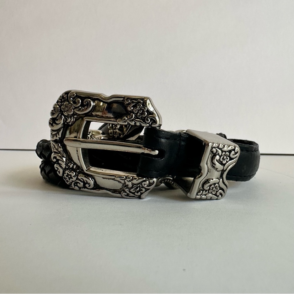 Western Black Leather Belt Braided‎ Back, Silver Buckle & Conchos Small/Med